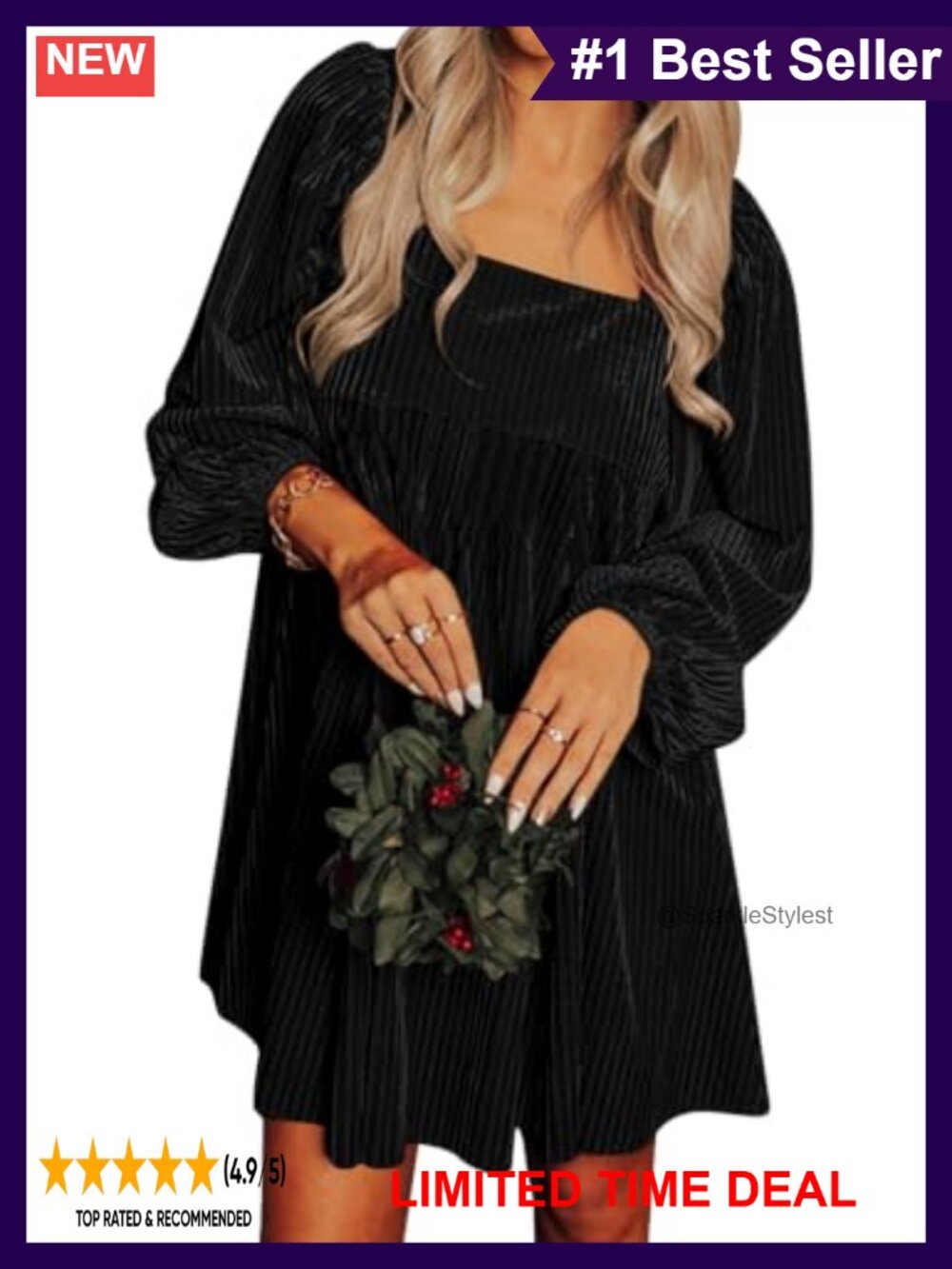 Velvet Babydoll Mini Dress Square Neck Long Sleeve Holiday Party